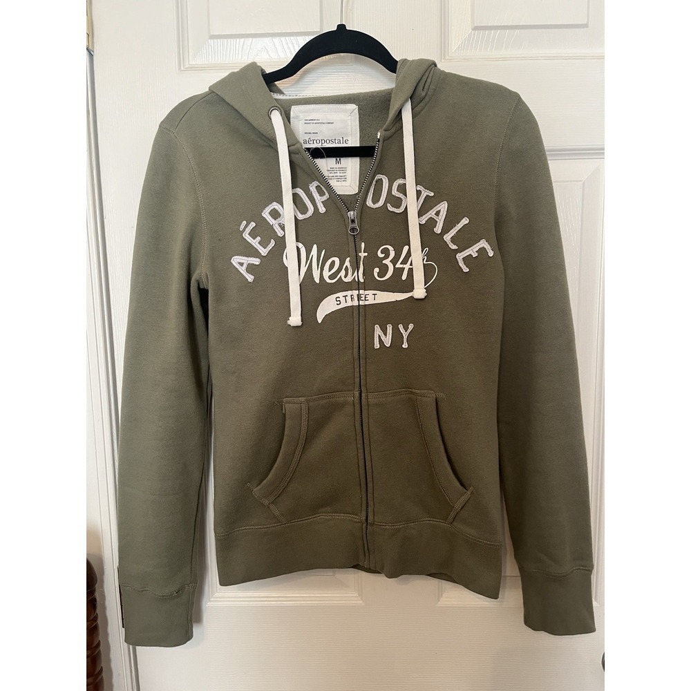 Aeropostale Women's Zip Up Hoodie Medium Green Logo Graphic NY Casual Y2K Street